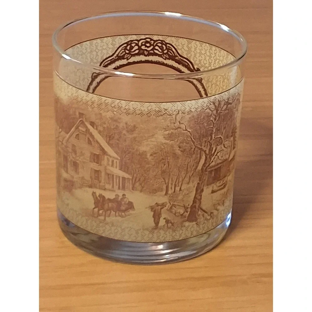 Vintage Currier & Ives Four Seasons Whiskey Rocks Glasses Set of 4 Brown Cream
